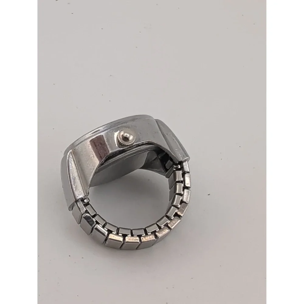 Stainless Steel Quartz Watch Ring Yellow Dial Silver Stretch Band- New Battery
